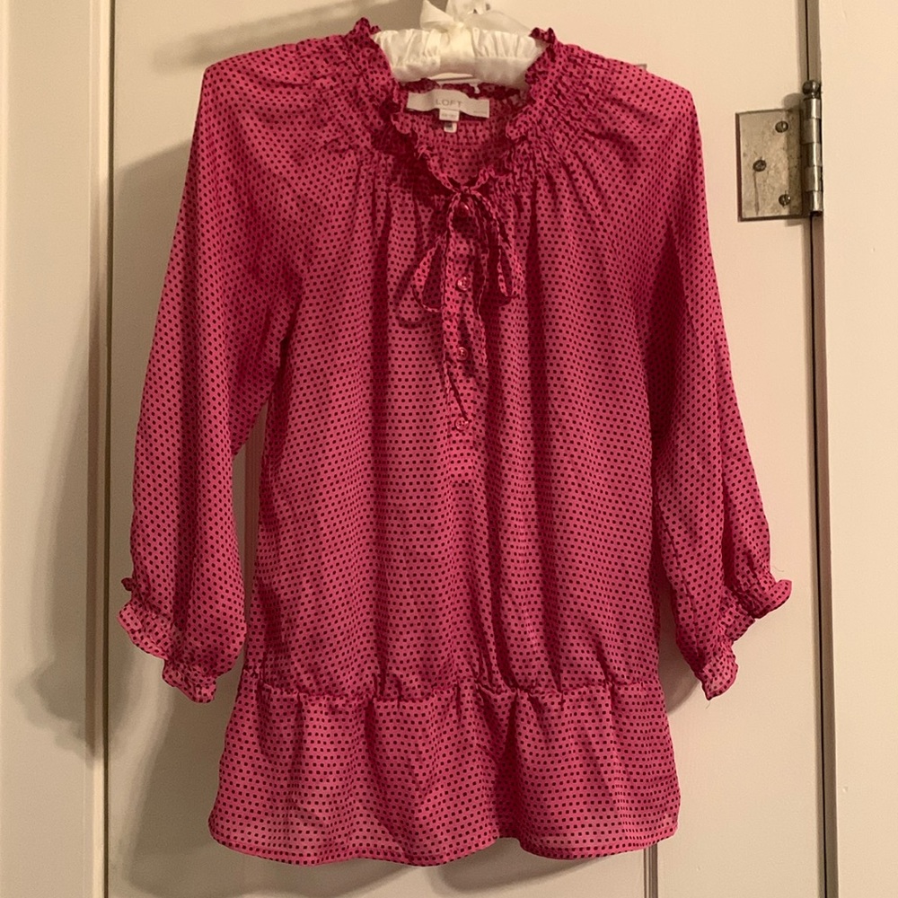Loft Popover Blouse is so Pretty in Pink! Button & tie front, Peplum, 3/4 sleeve